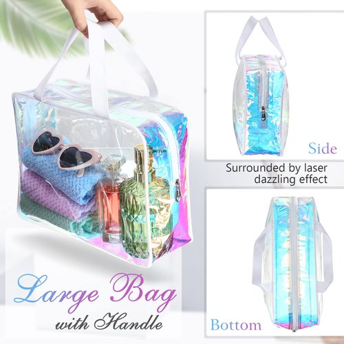 Sweetude 10 Pcs Large Clear Toiletry Bag Large Capacity Travel Iridescent Makeup Bag PVC Clear Plastic Tote Punch Cosmetic Clothes Organizer for Women Men(White)