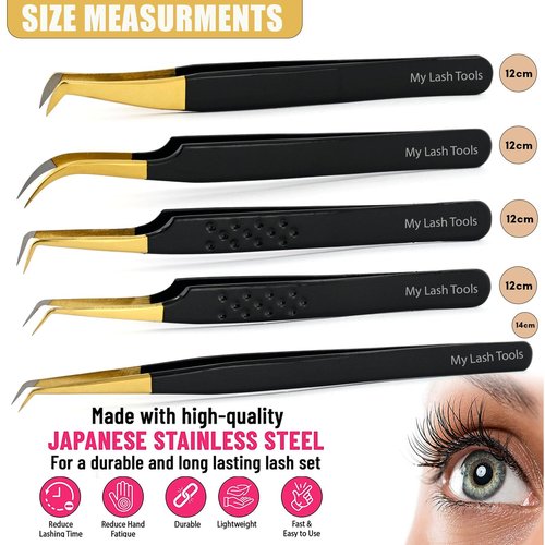 5pcs Fiber Tip Lash Tweezers Set – Curved Classic, Boot Volume, 90° & 45° Angle, Isolation Tweezer for Eyelash Extensions, Precision Stainless Steel, Professional Non-Slip Application Kit