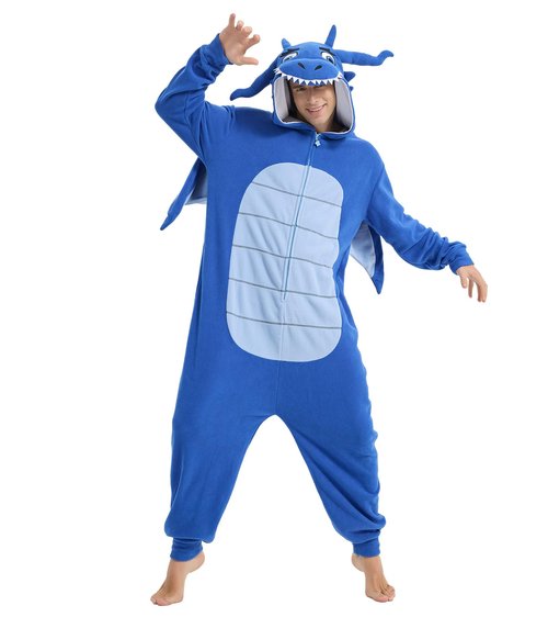 Focupaja Dragon Onesie Adults Animal Cosplay Halloween Pajamas Costumes Jumpsuit One Piece Sleepwear Blue Dragon Black Line M