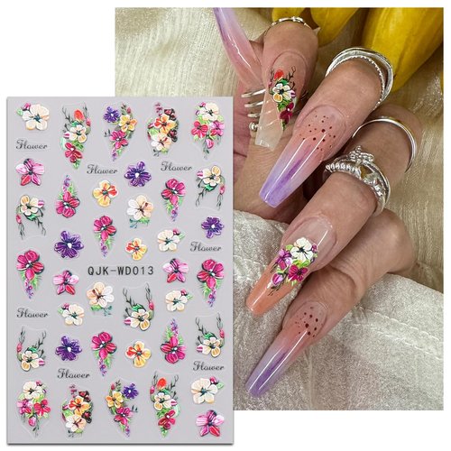 JMEOWIO 6 Sheets Flower Nail Art Stickers Decals Self-Adhesive Spring Summer Floral Nail Supplies Nail Art Design Decoration Accessories
