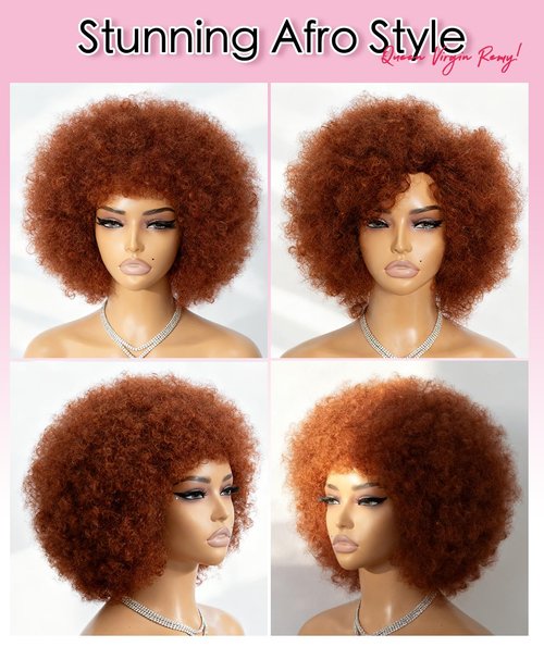 QUEEN VIRGIN REMY QVR Afro Wig For Women Short Afro Kinky Curly Bob Glueless Wigs Human Hair Natural Looking 70s Afro Wigs With Bangs Short Bouncy Afro Puff Wig For Daily Party Wear