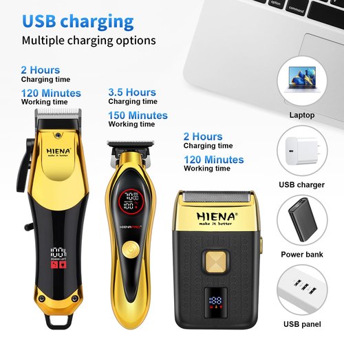 HIENA PRO Professional Hair Clippers Set, Cordless Hair Clipper for Barber Kit, USB-C Rechargeable Barber Clippers for Men with LED Display