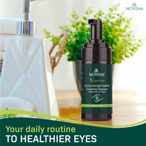 NOVEHA Demodex Eyelid Cleanser Foam | Extra Strength Tea Tree Oil Formula | Daily Face Wash For Eyelash, Demodex, MGD, Stye Eyes, Eye Irritations & Skin Dryness, 3.38 fl oz (3 Pack)