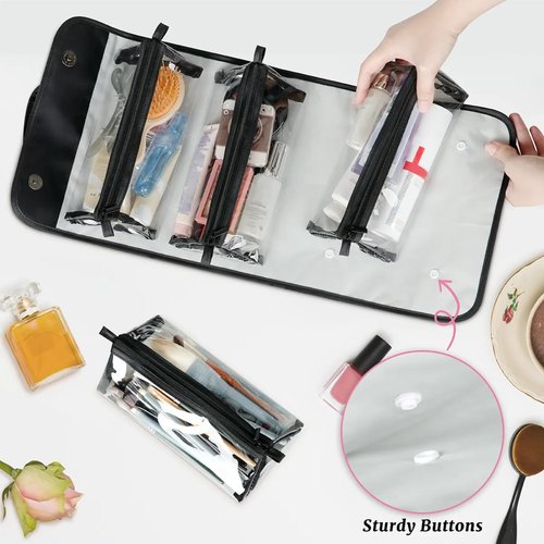 Hanging Roll Up Makeup Bag, Cosmetic Bag for Women, Watercolor Flower Travel Folding Toiletry Bag with 4 Removable Compartments, for Storing Cosmetics, Toiletries, Personal Care Products