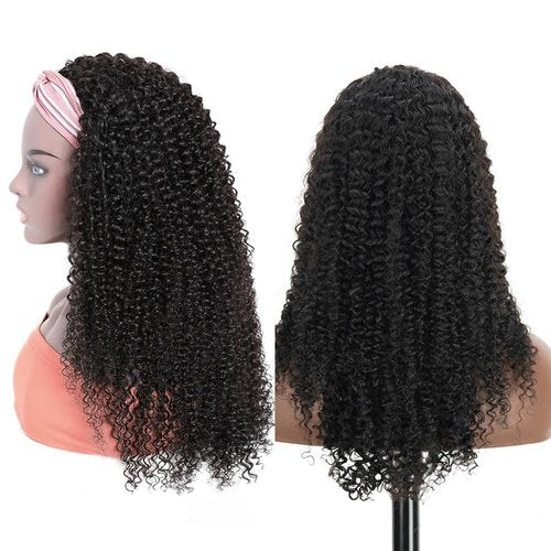 XSY Curly Headband Wig Human Hair 14 Inch Kinky Curly Headband Wigs for Black Women None Lace Front Wig 150% Density Natural Black Color
