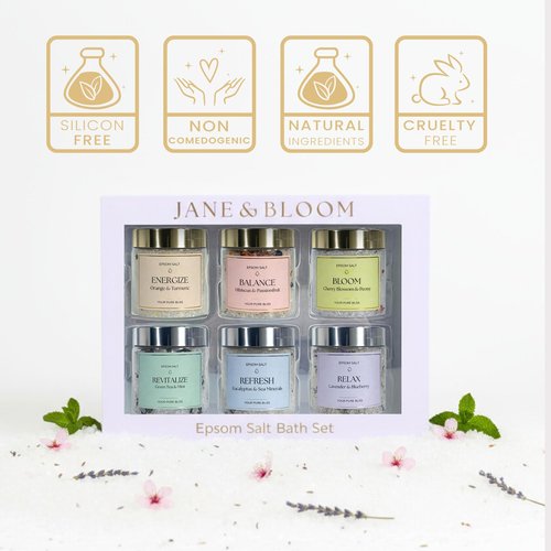 Epsom Salt Bath Gift Set – 6 Aromatherapy Blends with Essential Oils – Bath & Body Gift Set for Women, Stress Relief, Self Care, Birthday Gifts – Jane & Bloom