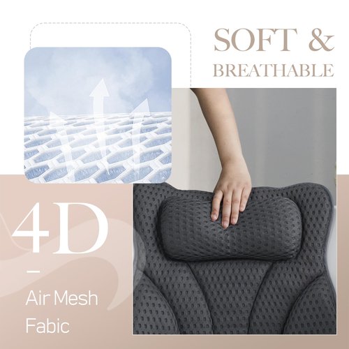 Joeyset Bath Pillows for Tub Head Neck Back Support, Bathtub Pillow 4D Breathable Air Mesh, Spa Relaxing Gifts for Women, Luxury Bathing Accessories with 6 Suction Cups and Hook (Gray)