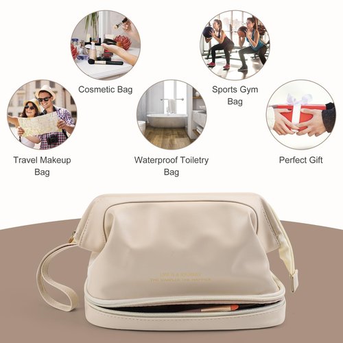 DOJUNS Cosmetic Travel Bag, Double Layer Large Makeup Organizer Leather Waterproof Toiletry Bag for Women Girls (White)