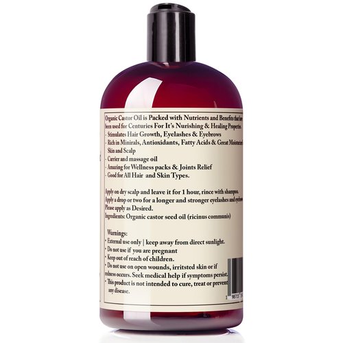 Premium Organic Castor Oil Cold Pressed Unrefined For Skin Scalp Hair Growth Eyelashes & Eyebrows, Therapeutic & Detox. Hexane & Chemicals Free 16Oz