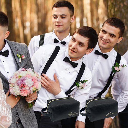 HXYCNNA 7 Sets Groomsmen Gifts Toiletry Bag Leather Cosmetic Bags Groomsmen Gift Water Resistant Toiletry Case with Zipper Shaving Bag Bowknot Greeting Card for Wedding Gift Bag (Black)