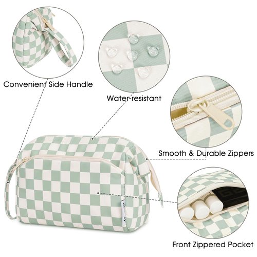 Narwey Checkered Makeup Bag Women Wide-open Make up Bag Travel Cosmetic Bag Organizer Toiletry Bag for Cosmetics Toiletries Accessories (Mint Green Checkerboard)