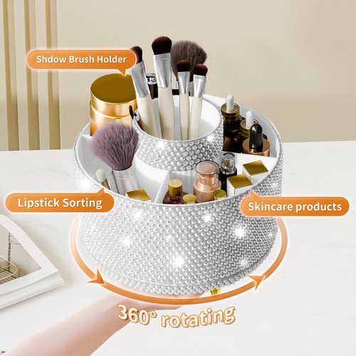 fanado Bling 360° Rotate Makeup Brush Holder Organizer, Makeup Organizers Countertop, Makeup organization and Skincare Storage for Vanity, Gift for Women Girls (Bling dz-White)