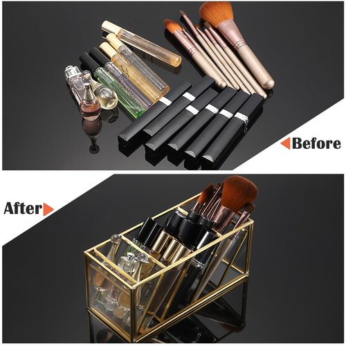 ELLDOO Rollerball Perfume Organizer, 4 Compartment Clear Glass Perfume Storage Holder Vintage Beauty Scent Holder, Metal Makeup Lipgloss Lipstick Display Case