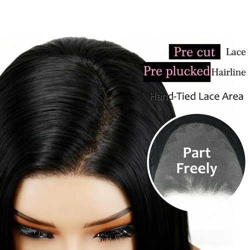 Kmzbasg Black Lace Front Wig for Women Pre-Plucked Pre Cut Glueless Long Straight Layered Synthetic Ready to Wear Wig 4x6 HD Lace for Girls Party Cosplay and Daily Use 26 Inch