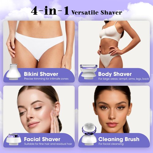 4 in 1 Electric Shaver for Women with Facial Brush, Electric Razor for Legs Underarm Pubic Hair, Bikini Trimmer IPX7 Portable Body Hair Removal, Wet & Dry Use, Rechargeable Grooming Kit, Light Purple