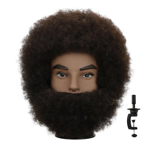 Sirydtm Afro Kinky Curly Human Hair Mannequin Head with Beard - 100% Real Hair for Braiding Practice, Cornrow, Styling, Cutting & Coloring - Professional Cosmetology Training Head for Salon & Student