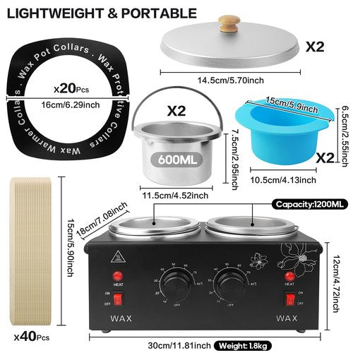 Wax Warmer for Hair Removal, Professional Waxing Heater Pot with Adjustable Temperature for Women Men, with 20 Wooden Wax Sticks (Black-Double Pots)
