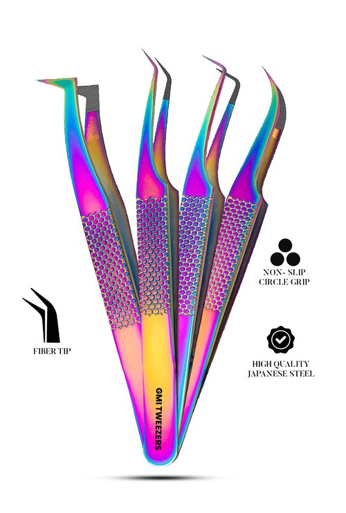 Fiber Tip Lash Tweezers- Pack of 4 Eyelash Extension Tweezers Professional- Lash Tweezers.