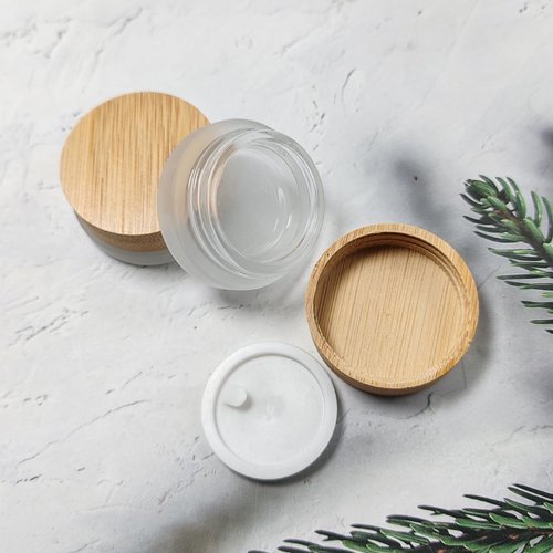2PCS 5g/5ml/0.17oz Empty Upscale Frosted Glass Cream Jar Bottle Cosmetic Dispenser Refillable Container Pot Vial Holder Sample Storage with Eco Bamboo Lid For Eye Cream Lotion Ointments Lip Balm