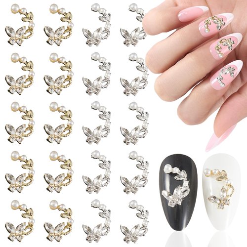 SILPECWEE 20pcs Butterfly Nail Rhinestones and Charms, Zircon Nail Charms 3D Nail Gems Crystal Diamond Gold and Silver Nail Jewelry Studs Flat-Back Nail Art Decoration for Nails Supplies