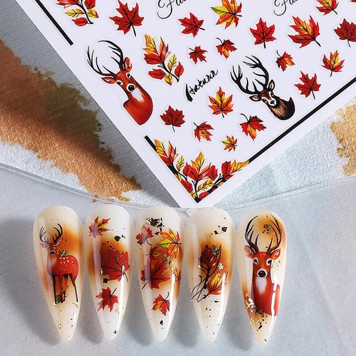 Fall Nail Art Stickers Decals 3D Autumn Maple Leaf Nail Stickers Self-Adhesive Nail Art Supplies 6PCS Autumn Leaves Deer Fall Nails Design Manicure Sliders for Women Thanksgiving Day Nail Decorations
