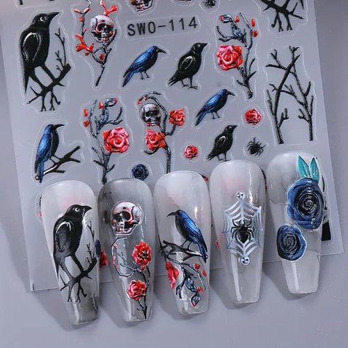 Halloween Nail Art Stickers Decals 2PCS 5D Embossed Skull Nail Art Decals Crow Spider Web Nails Supplies Branch Blue Red Flowers Skull Spider Designs Stickers Halloween Manicure Decorations for Women