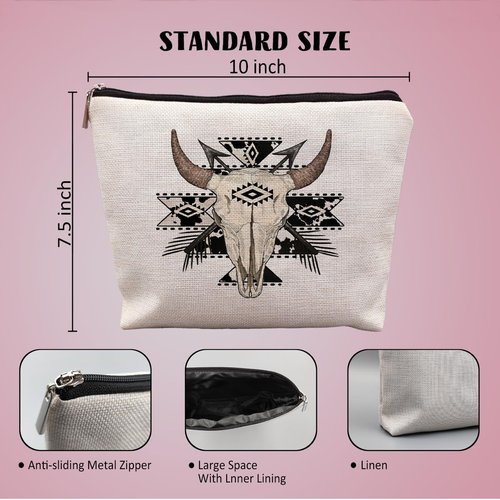 uinwk Aztec Western Makeup Bags for Women, Cow Makeup Bag, Bull Skull Western Cosmetic Bag, Western Gifts for Women, Cowgirl Gifts, Cowgirl Stuff, Western Stuff for Women