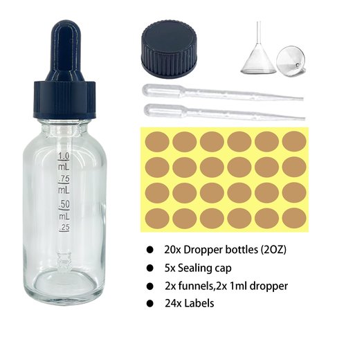 Parfumlism Dropper Bottles 2 oz with Scale - 20 Pcs Gold Collar Clear Glass Dropper Bottles for Oils, Beard Serums and Homeopathic Solutions, Leak-Proof