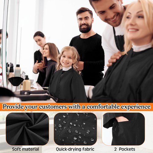 Toulite 8 Pieces Salon Robes Smock for Clients Hair Salon Gown Cape Black Barber Smock Kimono Style Hair Stylist for Clients(2 Pockets)