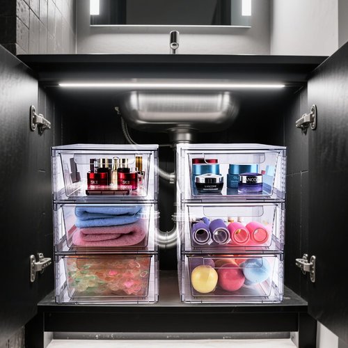 Zero Zoo 4 Pack Clear Stackable Storage Drawers, 3.95" H Easily Assemble Acrylic Organizer Bins - Multi-Use for Make up, Closet, Pantry, Bathroom, Medicine, Kitchen Cabinet & Undersink Organization
