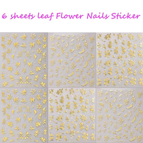 6 Sheets Gold Nail Stickers 3D Metallic Flower Leaf Nail Art Stickers 3D Self Adhesive Gold Nails Designs Accessories Cherry Blossom Flower Nails Decals for Women Girls DIY Summer Manicure Decoration