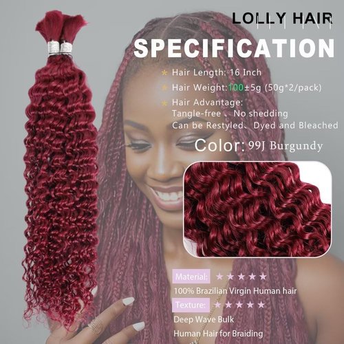 Habiliana Curly Burgundy Human Braiding Hair 2 Bundles Total 100g 16 Inch 99J Burgundy Bulk Bundles Braiding Brazilian Virgin Curly Human Hair Extensions for Boho Braids