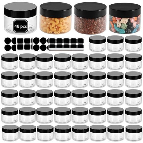 48 Pack 120ml 4 oz Empty Clear Plastic Jars with Black Lids, Refillable Round Containers for Slime,Beauty Products, powder, Cream, Scrubs, Cookie,Dried Fruit. Include 1 Pen and 120 Labels.