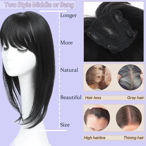 RMYHIG Hair Toppers for Women Real Human Hair, 360° 3D Human Hair Toppers for Women with Thinning Hair Upgrade Middle Part Clip in Bangs (Dark Brown(Big Coverage), 12 Inch-3D-Wispy)