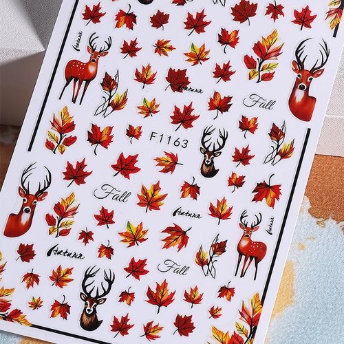 Fall Maple Leaf Nail Art Stickers Autumn Leaves Mushroom Deer Design Self-Adhesive Nail Sticker Fox Pumpkin Wheat Ears Nail Decals for Nails Women Girls Thanksgiving Day DIY Manicure Decor 6 Sheets