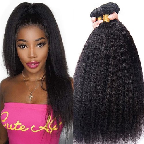 OLFORY Hair Bundles 12A Yaki Kinky Straight Human Hair 3 Bundles 100% Unprocessed Mongolian Virgin Human Hair Kinky Straight Bundles Yaki Hair Natural Color (12 14 16)