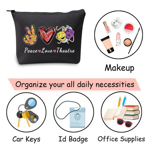 JXGZSO Peace Love Theatre Makeup Bag Comedy Tragedy Mask Cosmetic Bag Theatre Lover Gift Drama Theatre Gift (Peace Love Theatre Black)