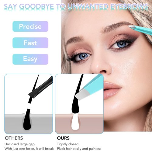 Tweezers Set and Nail Clippers 8Pcs Precision No Gaps Eyebrow Tweezer Kit for Facial Hair Men & Women Travel Tweezers with Leather Case (Violet/Cyan)