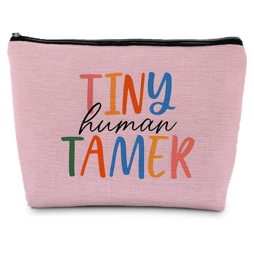 Supwhd Tiny Human Tamer Teacher Makeup Bag, Funny Cosmetic Pouch Zipper Pouch, Small Makeup Bag for Purse (Pink)