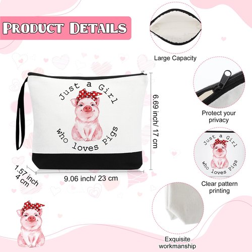 Dansydaisy 3 Pcs Pigs Lover Gift for Women Pink Pig Canvas Tote Bag Travel Cosmetic Bags Keychain Portable Makeup Zipper Pouch with Handle Funny Piggy Shopping Birthday Vbs Housekeepers Week Gift