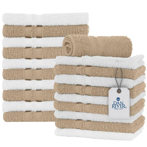 DAN RIVER 100% Cotton Washcloths 20 Pack Premium Quality Face and Body Cloth, Quick Dry Essential Towels for Bathroom, Hand, Kitchen & Cleaning, Baby Washcloths | 11X11 in | 400 GSM | Tan + White