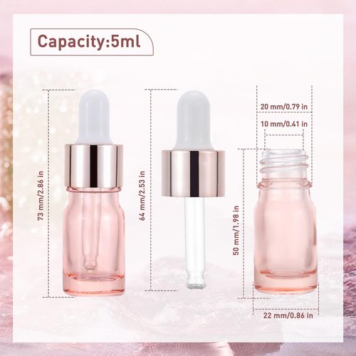 Kesell 8 Pack 5ml Pink Dropper Bottles, Empty Refillable Glass Sample Vials Essential Oils DIY Perfume Travel Container, With Rose-Gold Cap And 3 Funnels