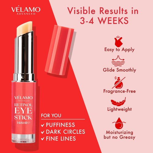 VELAMO ADVANCED Retinol Eye Stick: Retinol Under Eye Cream for Dark Circles and Puffiness with 1% Bakuchiol - Anti Aging Balm Stick Reduces Fine Lines Wrinkles Under Eye Bags in 4-8 Weeks - 2 Packs