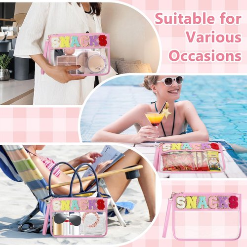 Narsikar Clear Snack Bag for Travel, Chenille Letter Clear Zipper Snacks Pouch Nylon Cosmetic Bag Makeup Travel Bag for Women(Pink)