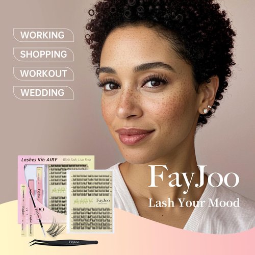 Natural Wispy Lash Clusters Kit, C Curl Soft Individual Lashes 8-16mm, DIY Eyelash Extensions with 0.05mm Thin Invisible Band, DIY Salon Kit with Bond Seal Remover Tweezer, FayJoo AIRY 12 Kit