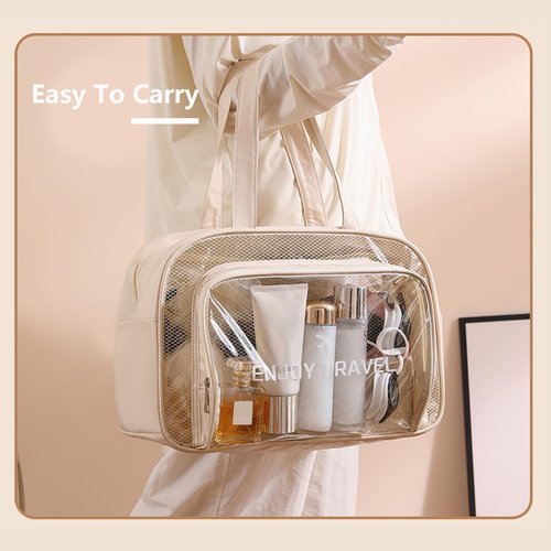 DAPOWER Travel Toiletry Bag for Women and Men, Beach Bag Waterproof Sandproof, Large Clear Tote for Gym Pool Beach Summer Vacation (Beige)