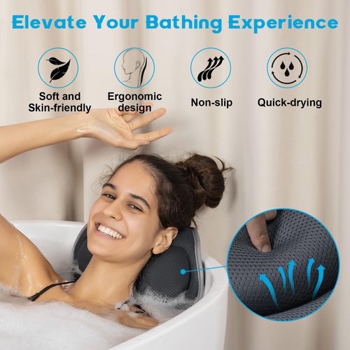 JUSDOO Luxury Bath Pillows for Tub – Extra Thick Non-Slip Bathtub Pillow with Rubber Back, Head & Neck Support for Soaking, Spa Bath Accessories, for Women, Fits All Bathtubs (Gray)