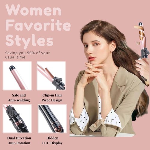 Automatic Curling Wand 28mm/1.1 inch Rotating Curling Iron for Short Long Hair LED Display Professional Waver Hair Fast Heating (Rose Gold)