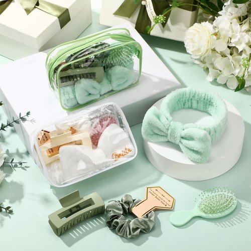 Wavyknot 40 Pcs Bachelorette Favor Set Include Headband Scrunchies Hair Claw Clips Hairbrush and Makeup Bag for Bridal Shower Party Gifts Bridesmaid Wedding Supplies (White and Green)