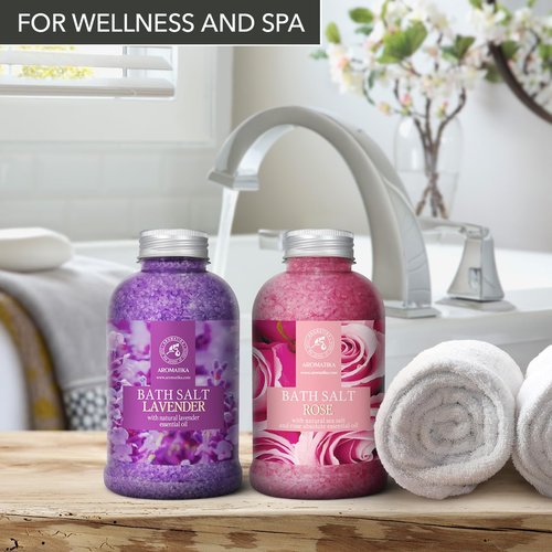 Bath Sea Salt Set 2х21.16Oz - Bath Salt Lavander & Rose - Lavender Essential Oil - Natural Rosewood Oil & Rose Extract - Aromatherapy - Relaxing - Body Care - Beauty - De-Stress Bath Salts